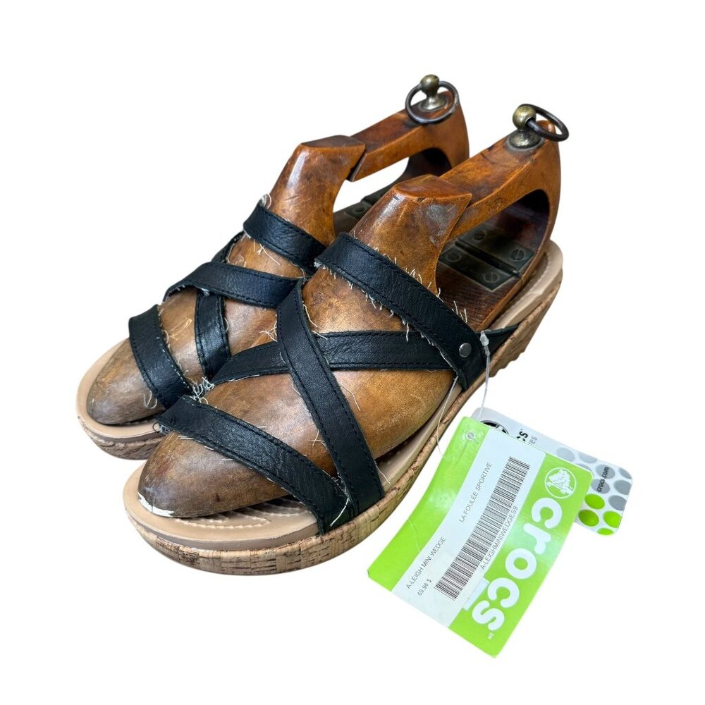 Crocs A Leigh Mini Wedge Sandals Womens 9 Leather Strappy Black